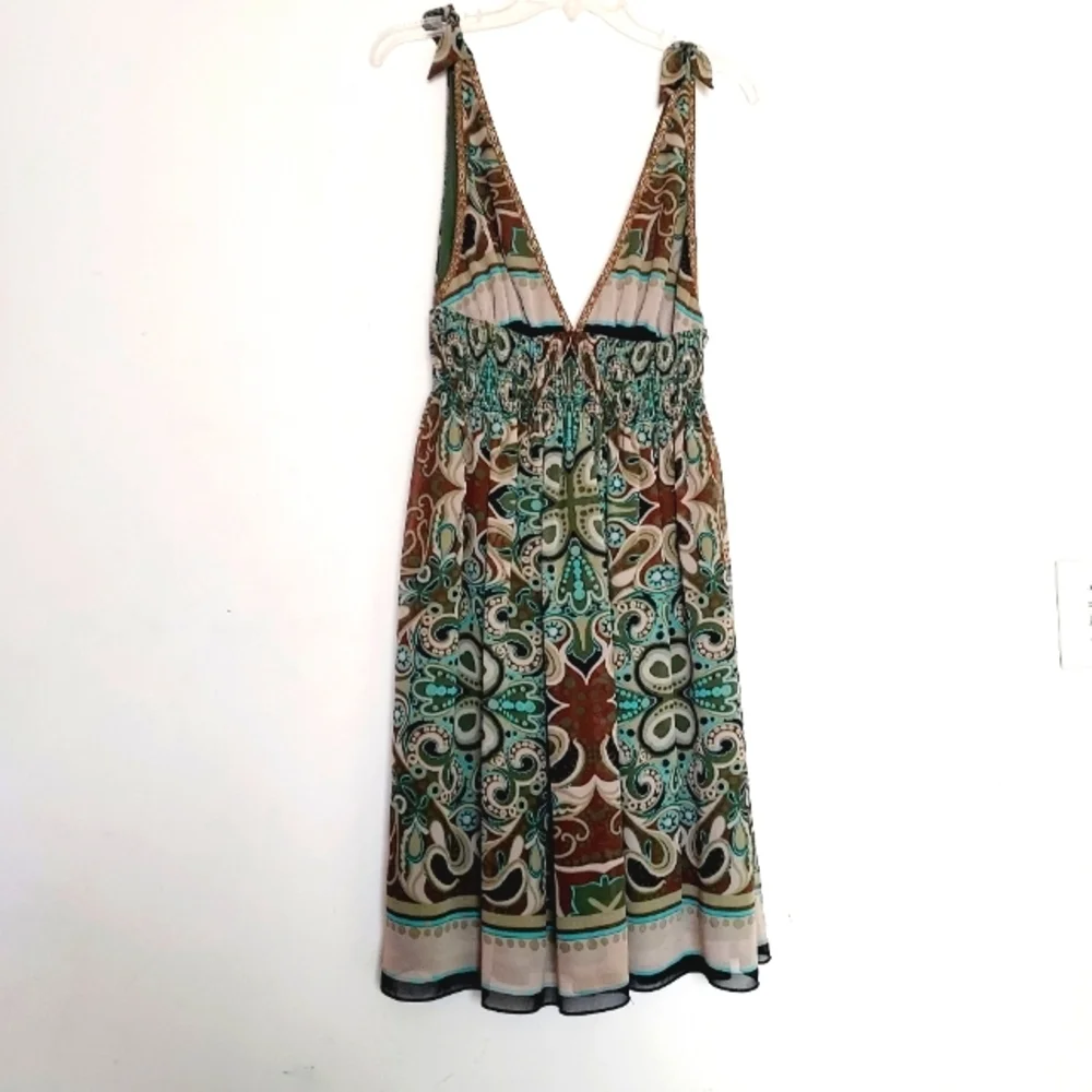 Nicole Miller S.T.U.D.I.O 100% Silk Print Summer Dress Smocked waist Sz-4
